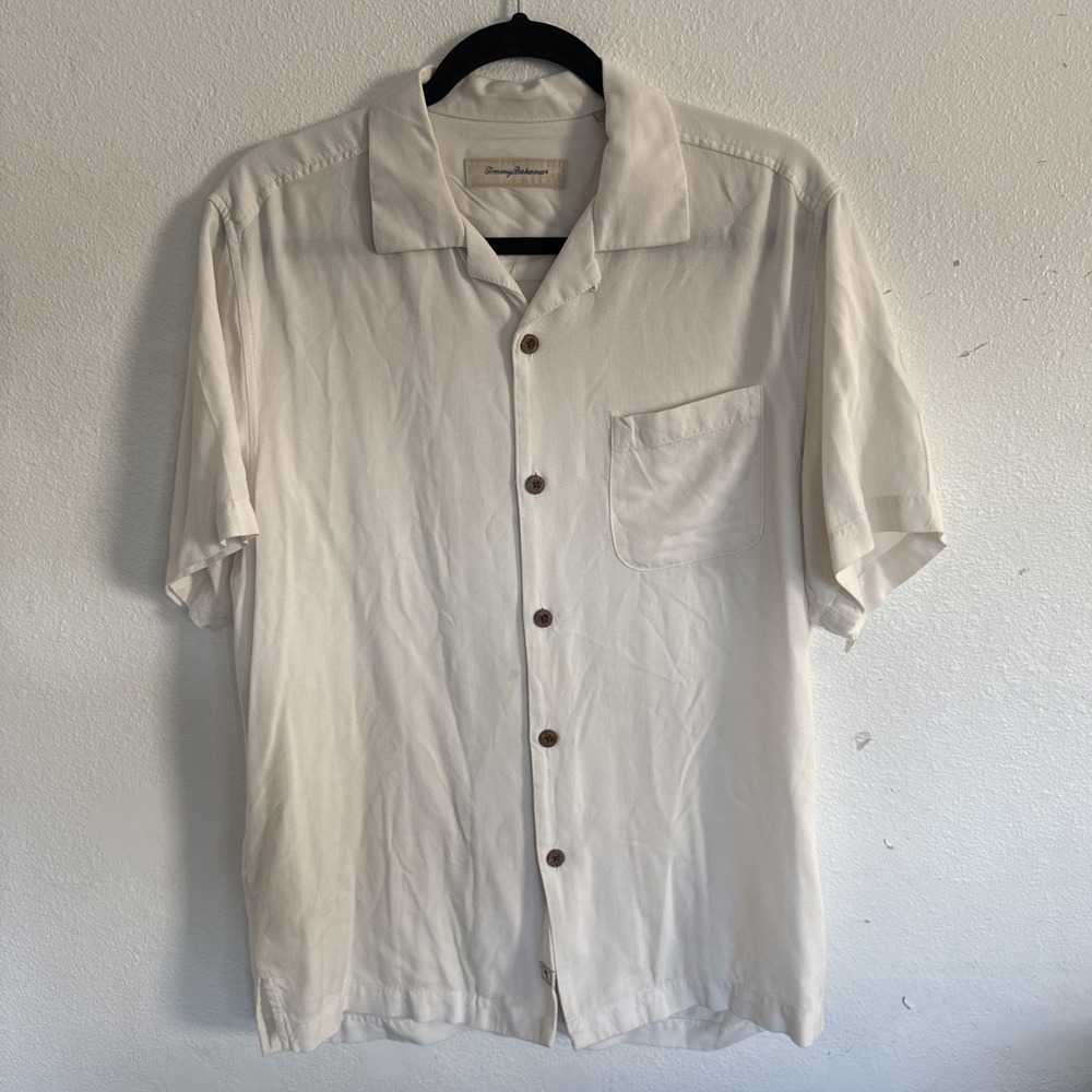 Tommy Bahama Camp Shirt Mens S Beige Short Sleeve‎ Button Down Work Classic